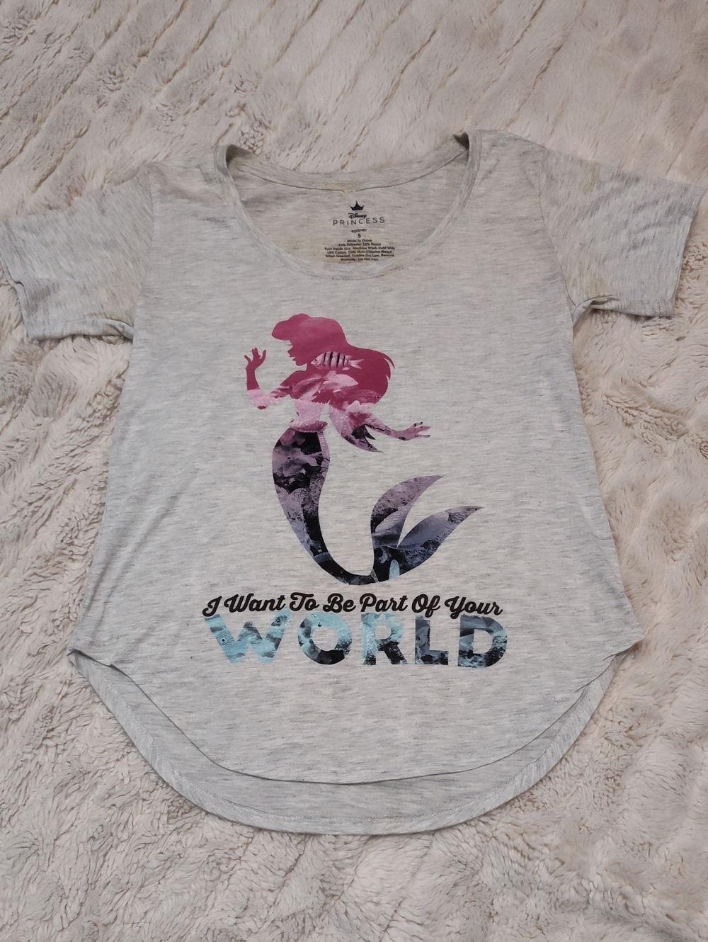 Princess Ariel Graphic Tee - Gray with Pink & Blue Mermaid (Stains)